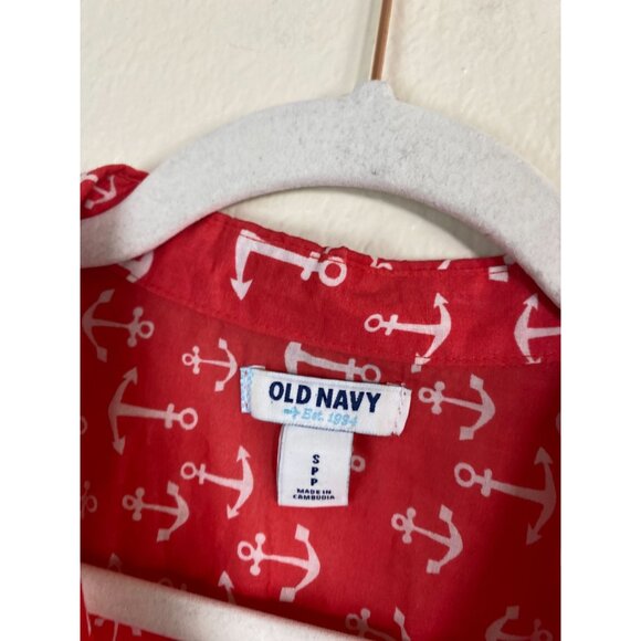 Old Navy Womens Red Anchor Print Button Up Shirt size Small Nautical sailor Ligh - Picture 13 of 15